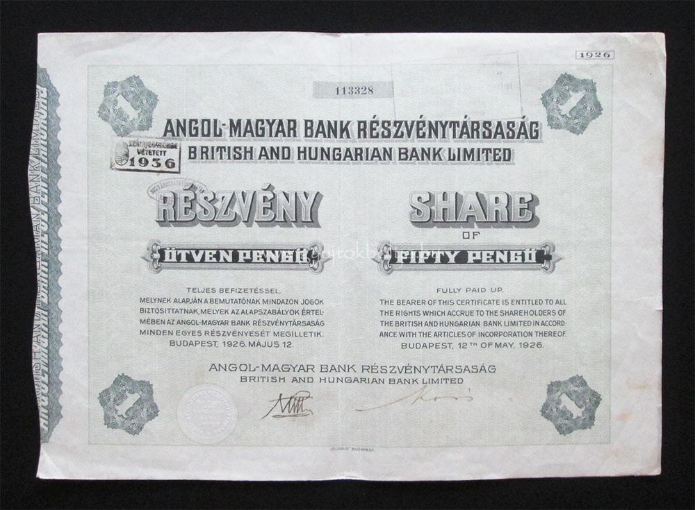 Angol-Magyar Bank részvény 50 pengõ 1926